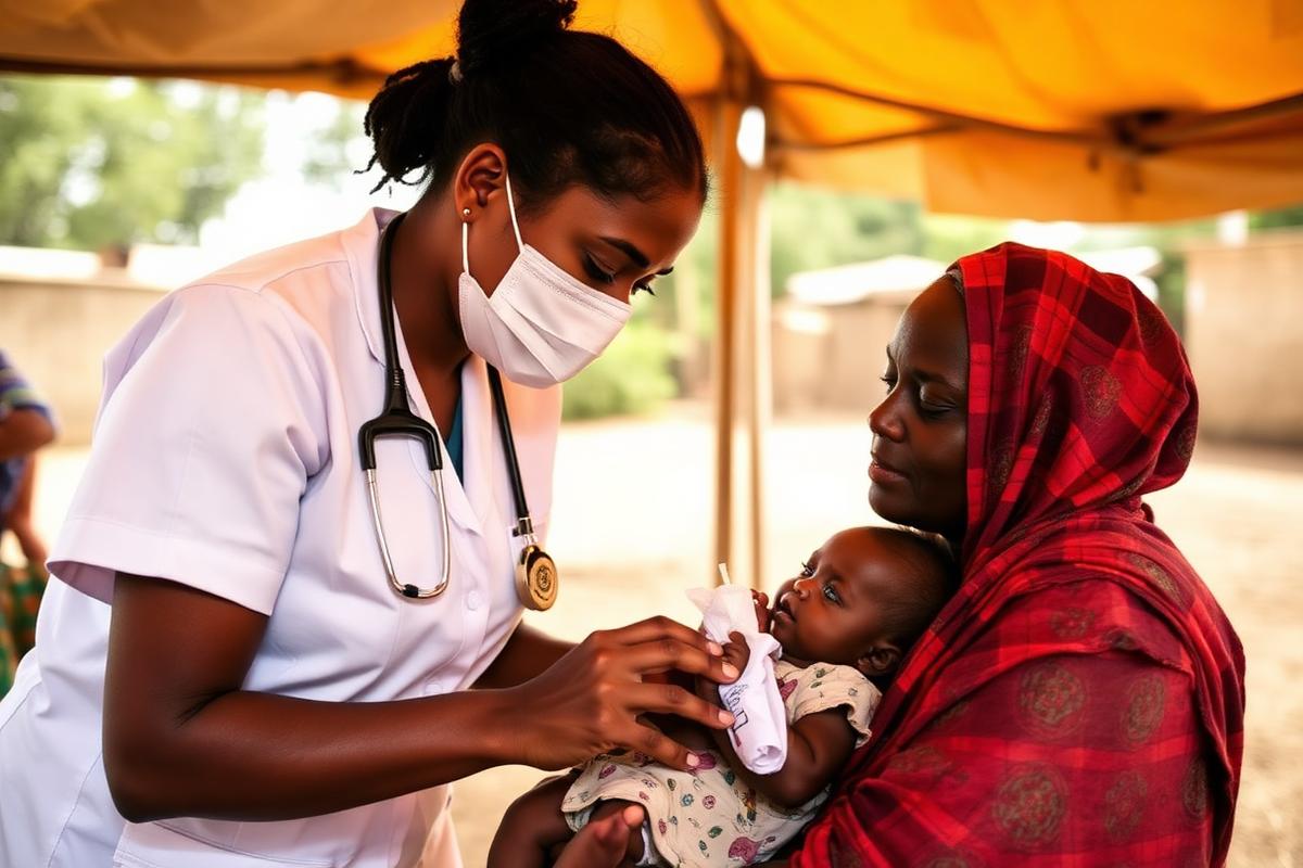 A nurse examining a baby held by their mother at an outreach clinic