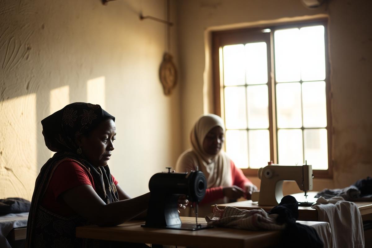 Women working at sewing machines during a livelihoods training session