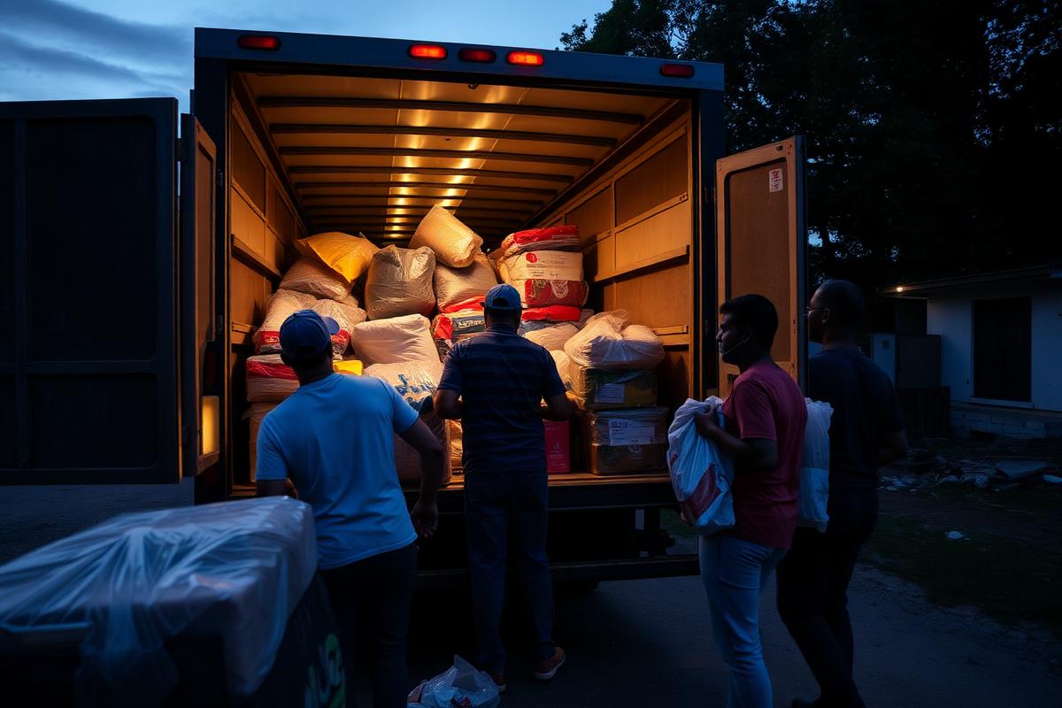Volunteers unloading relief supplies from a truck at dusk