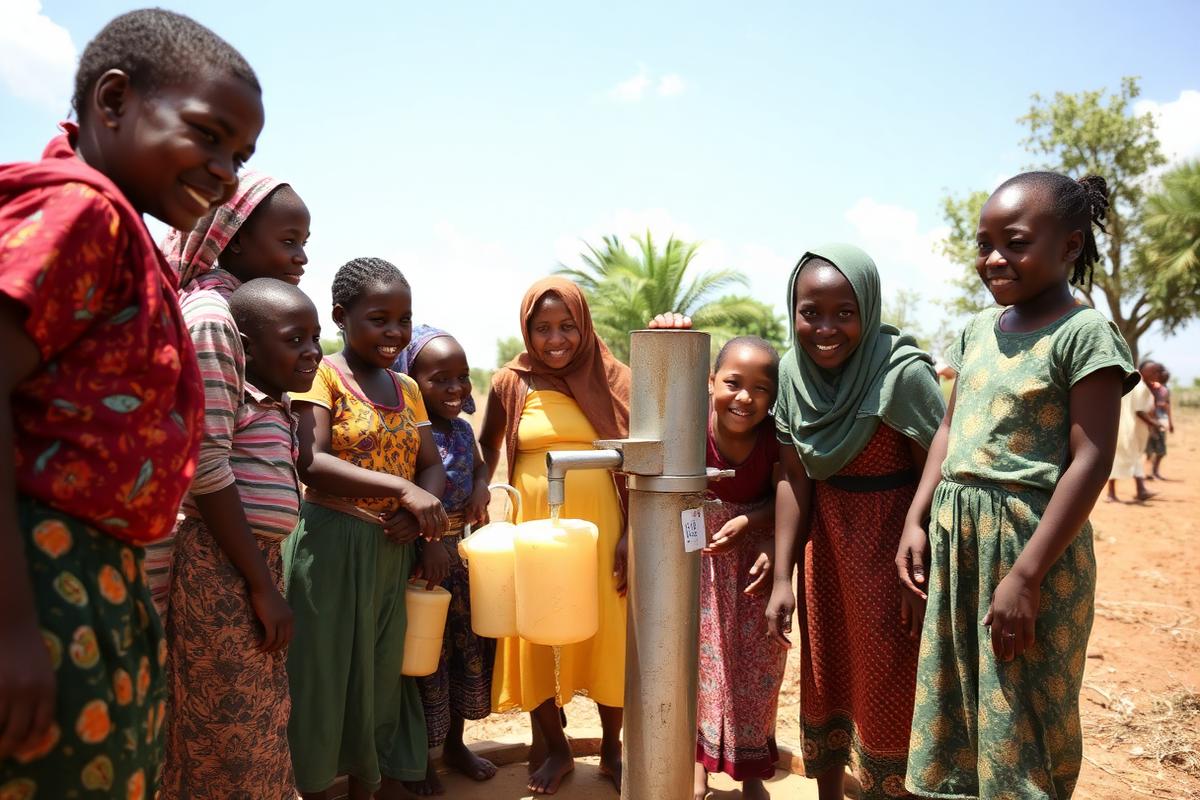 Community members collecting water from a hand pump
